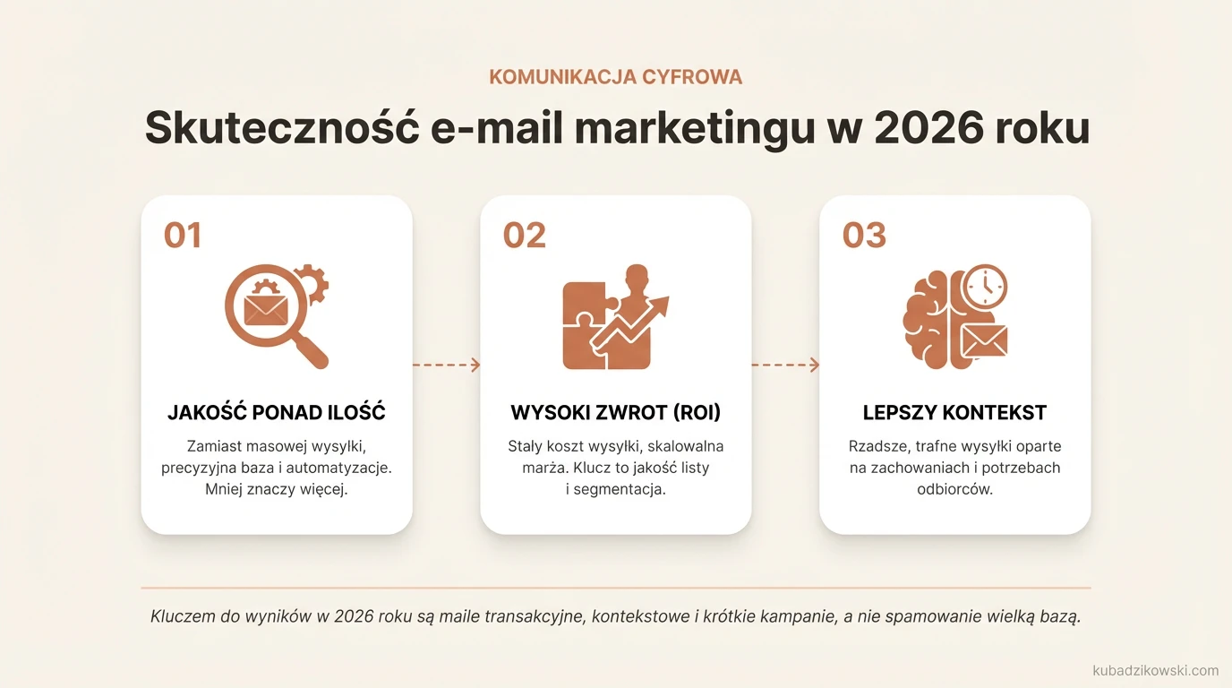 Infografika: skuteczny e-mail marketing w 2026 r. – jakość bazy i automatyzacje dla wysokiego ROI.