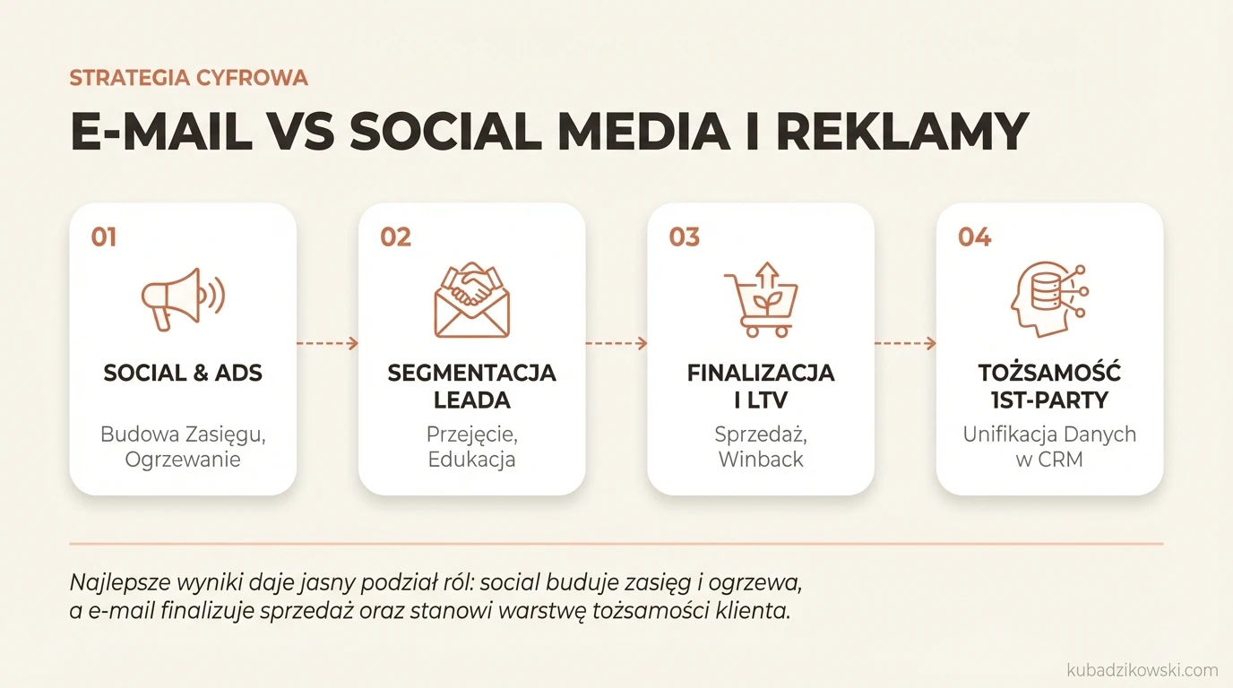 Porównanie skuteczności e-mail marketingu, social mediów i reklam w kontekście algorytmów, CPM i LTV.