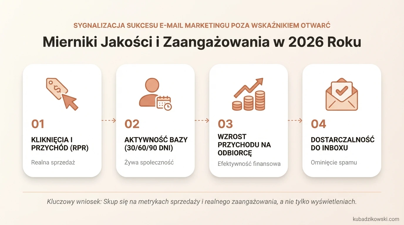 Infografika: mierniki sukcesu e-mail marketingu na 2026. Skup się na kliknięciach, konwersjach, RPR, nie na otwarciach.