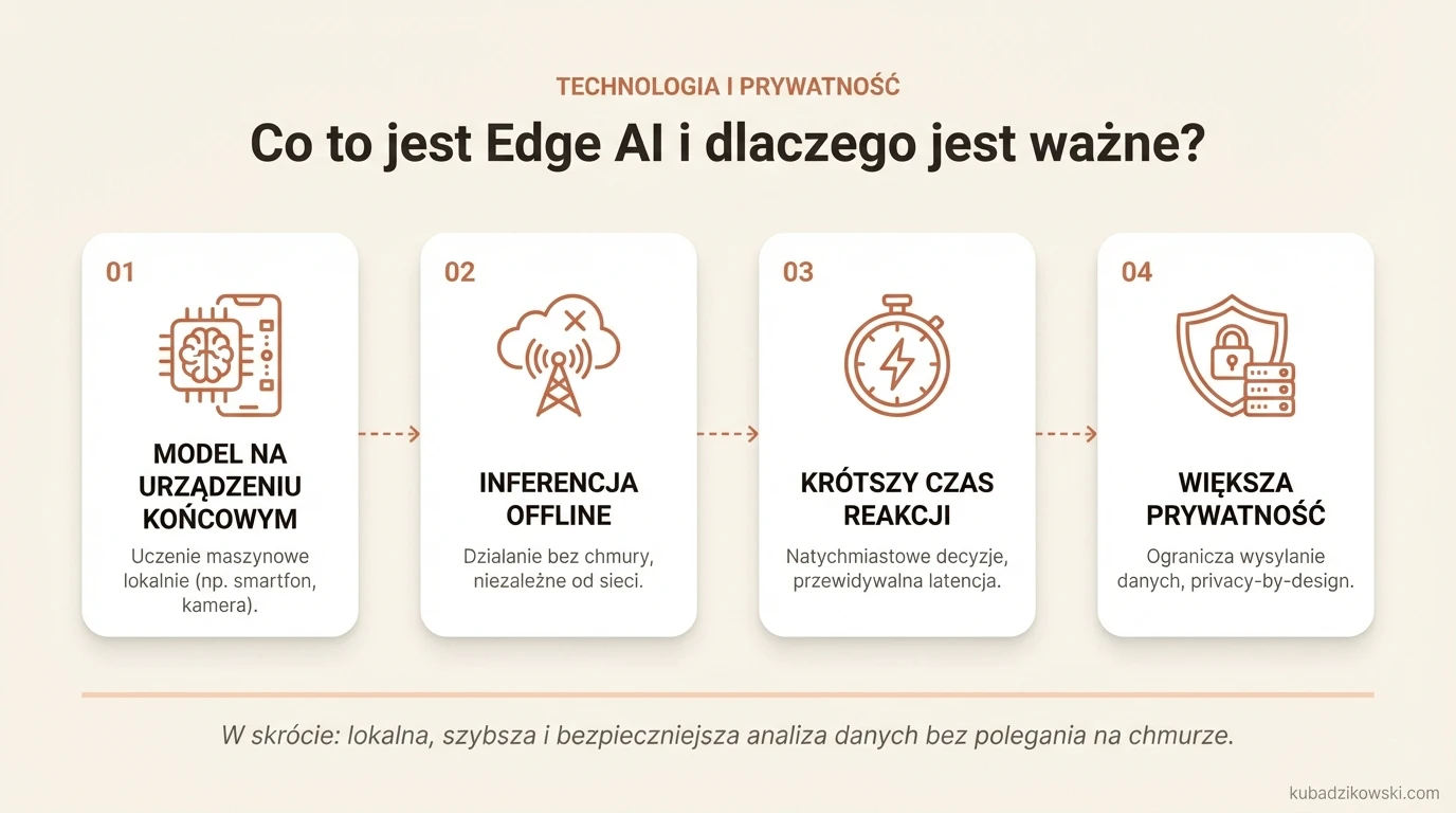 Infografika: Edge AI - uczenie maszynowe na urządzeniach końcowych, działające offline, bez chmury.