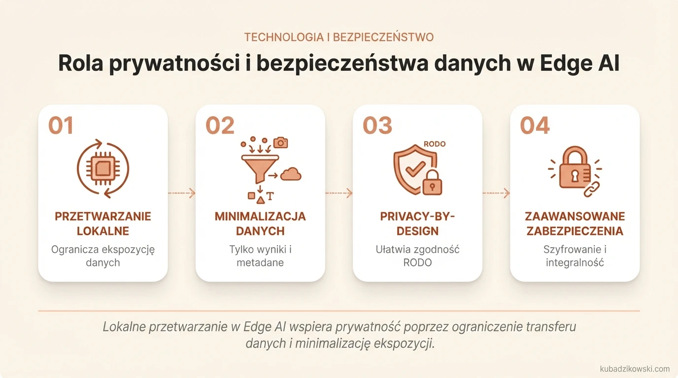 Infografika: Prywatność i bezpieczeństwo danych w Edge AI – przetwarzanie danych na urządzeniu, minimalizacja ekspozycji.