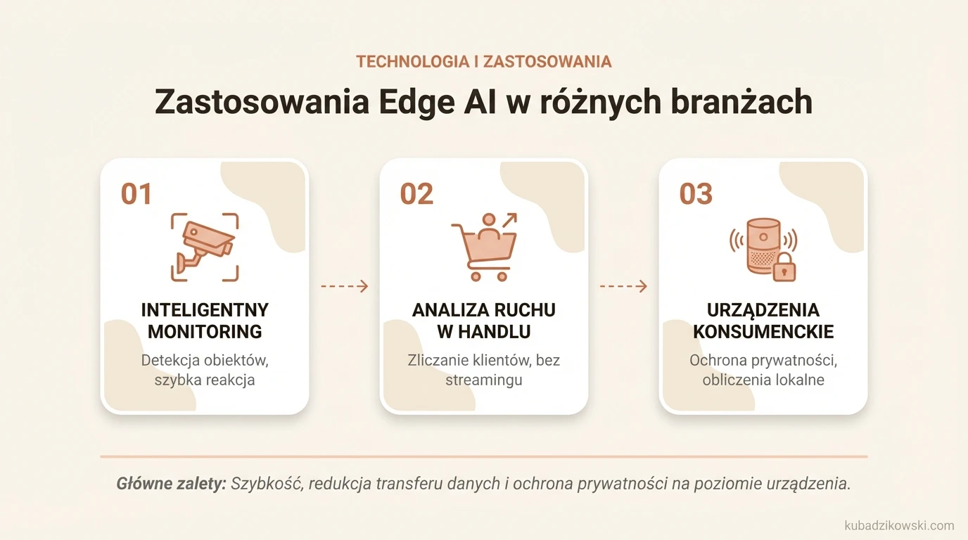 Infografika: Zastosowania Edge AI w monitoringu wideo, motoryzacji i inteligentnych miastach dla szybkiej analizy danych.