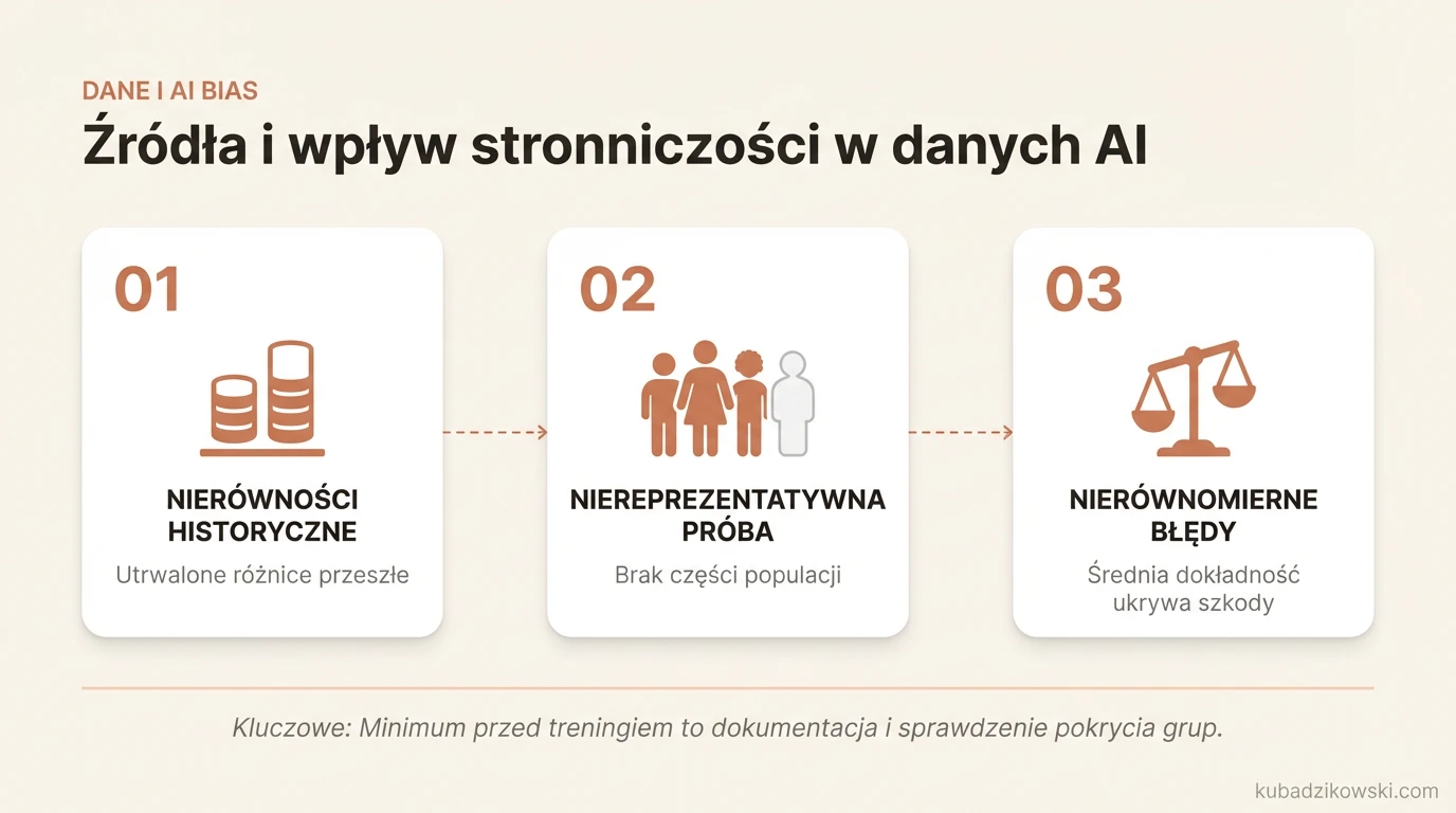 Infografika: Źródła stronniczości w danych AI, wynikające z nierówności i niereprezentatywnych próbek, prowadzące do dyskryminacji.