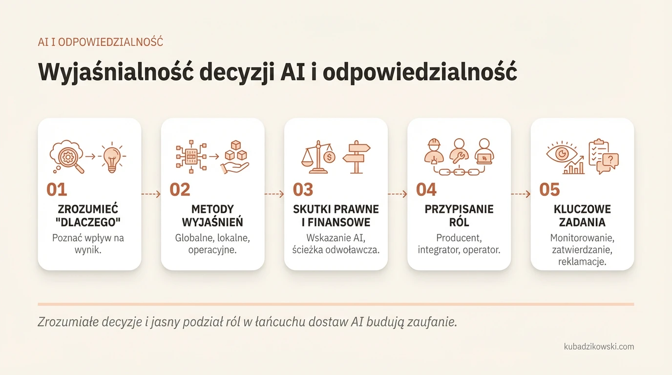 Infografika o wyjaśnialności AI: metody globalne i lokalne, np. SHAP, LIME, kontrfakty.