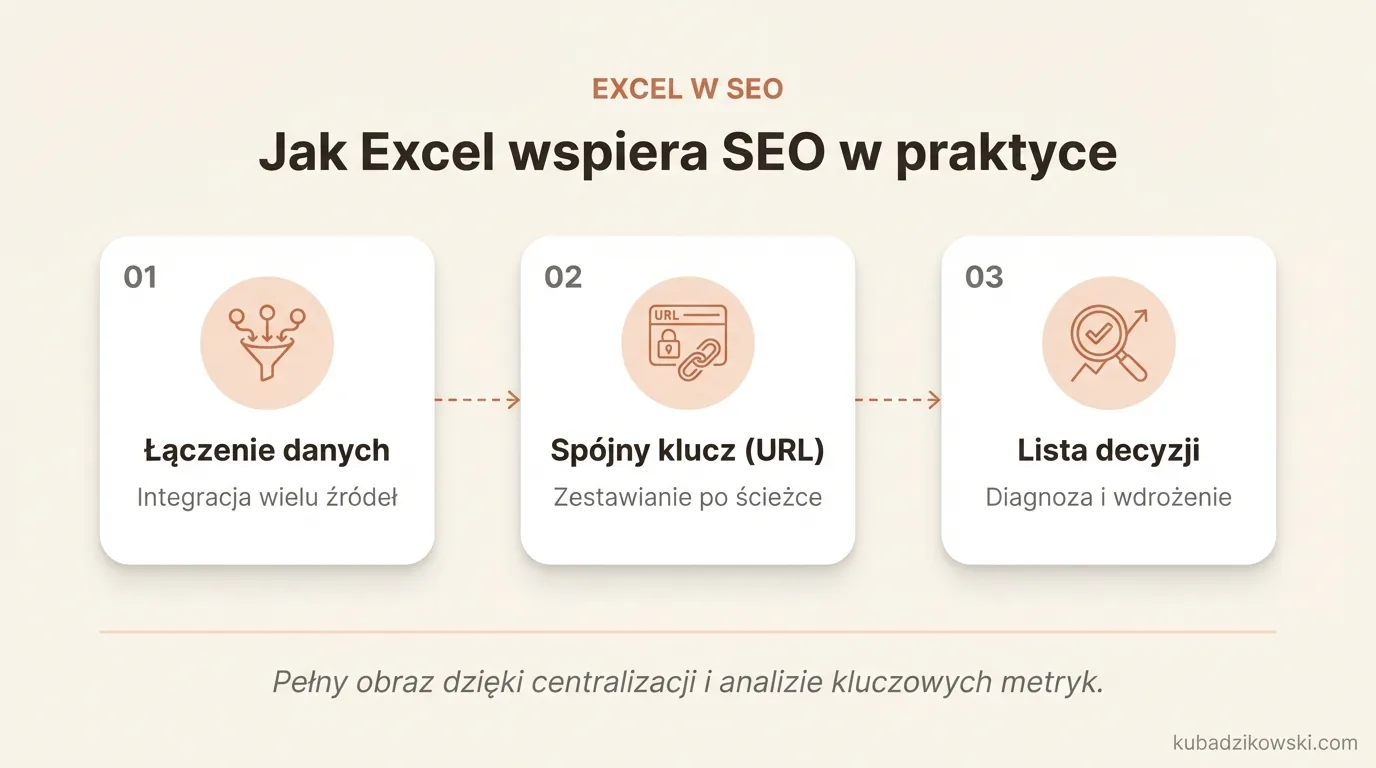 Infografika: Excel w SEO łączy i czyści dane z wielu źródeł (GSC, crawler, CMS, analityka), wspierając podejmowanie decyzji.