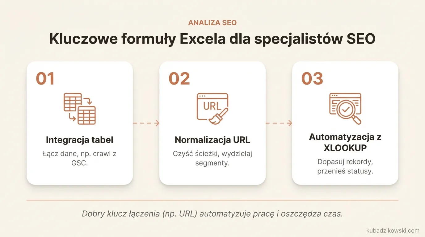 Zestawienie kluczowych formuł Excela dla SEO: łączenie, czyszczenie URL, segmentacja, dopasowywanie danych i filtrowanie.