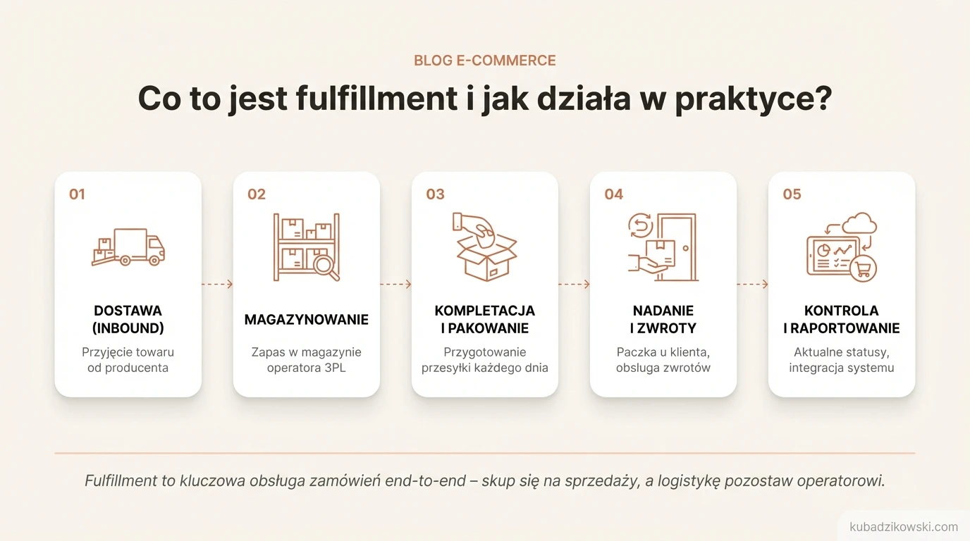 Infografika prezentująca etapy fulfillmentu: od przyjęcia towaru, przez magazynowanie, po wysyłkę i zwroty.