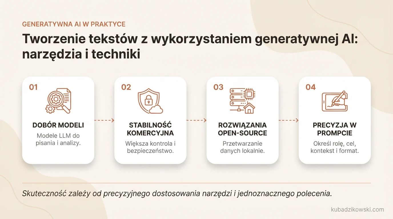 Infografika: Narzędzia i techniki pisania z AI. Wskazuje, że modele LLM (GPT, Claude, Gemini) ułatwiają tworzenie treści.