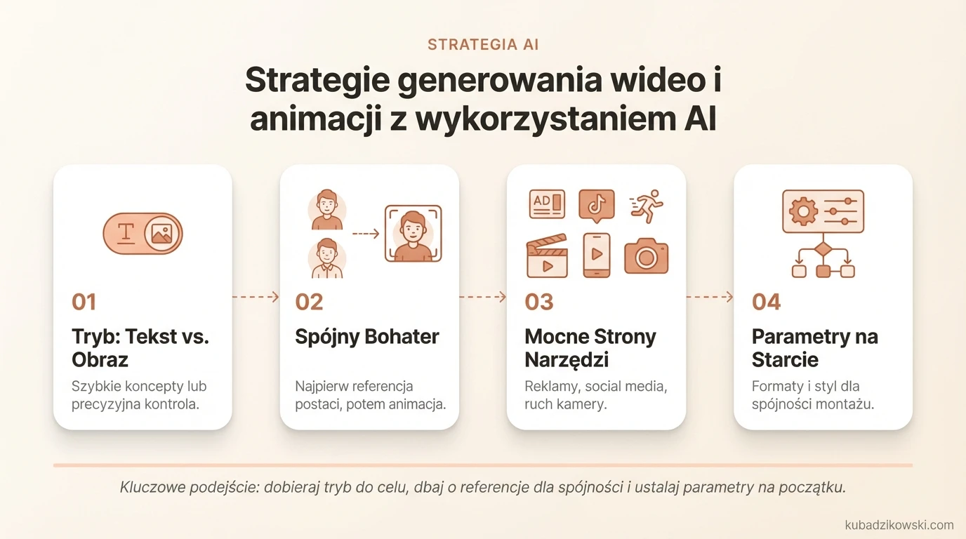 Infografika pokazuje strategie generowania wideo i animacji AI: text-to-video dla szybkich konceptów, image-to-video dla precyzji.