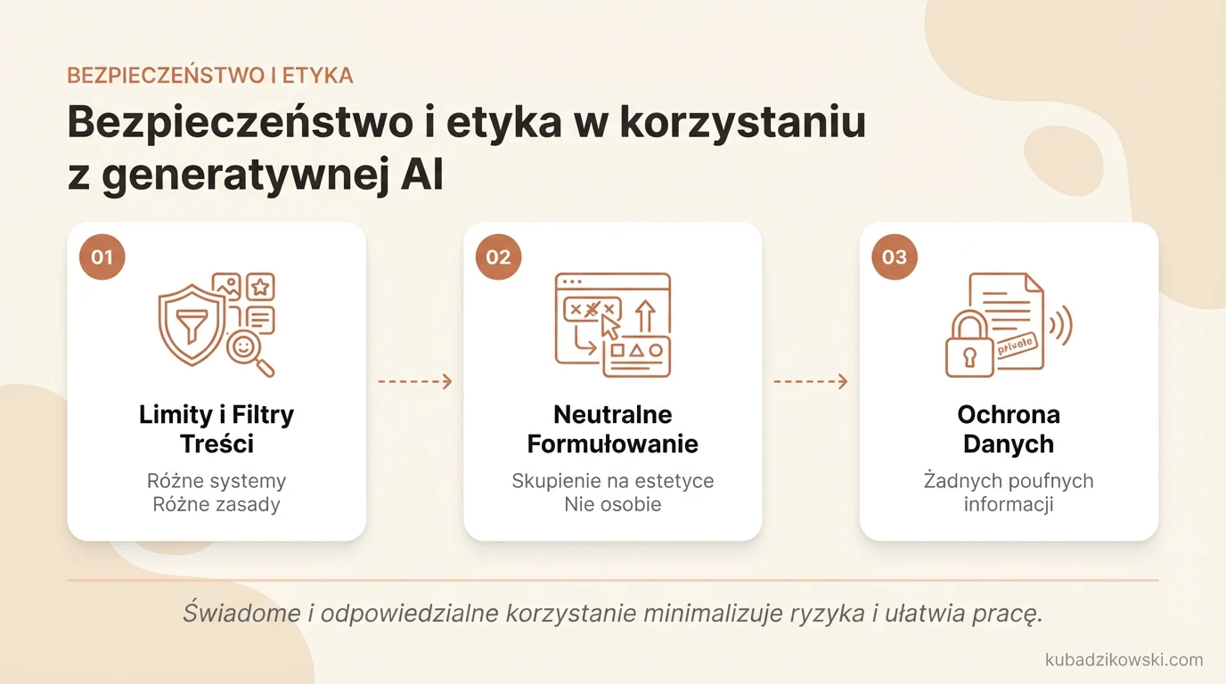 Infografika: Bezpieczne i etyczne użycie generatywnej AI: ograniczanie ryzyk prawnych, prywatność, zasady narzędzi.