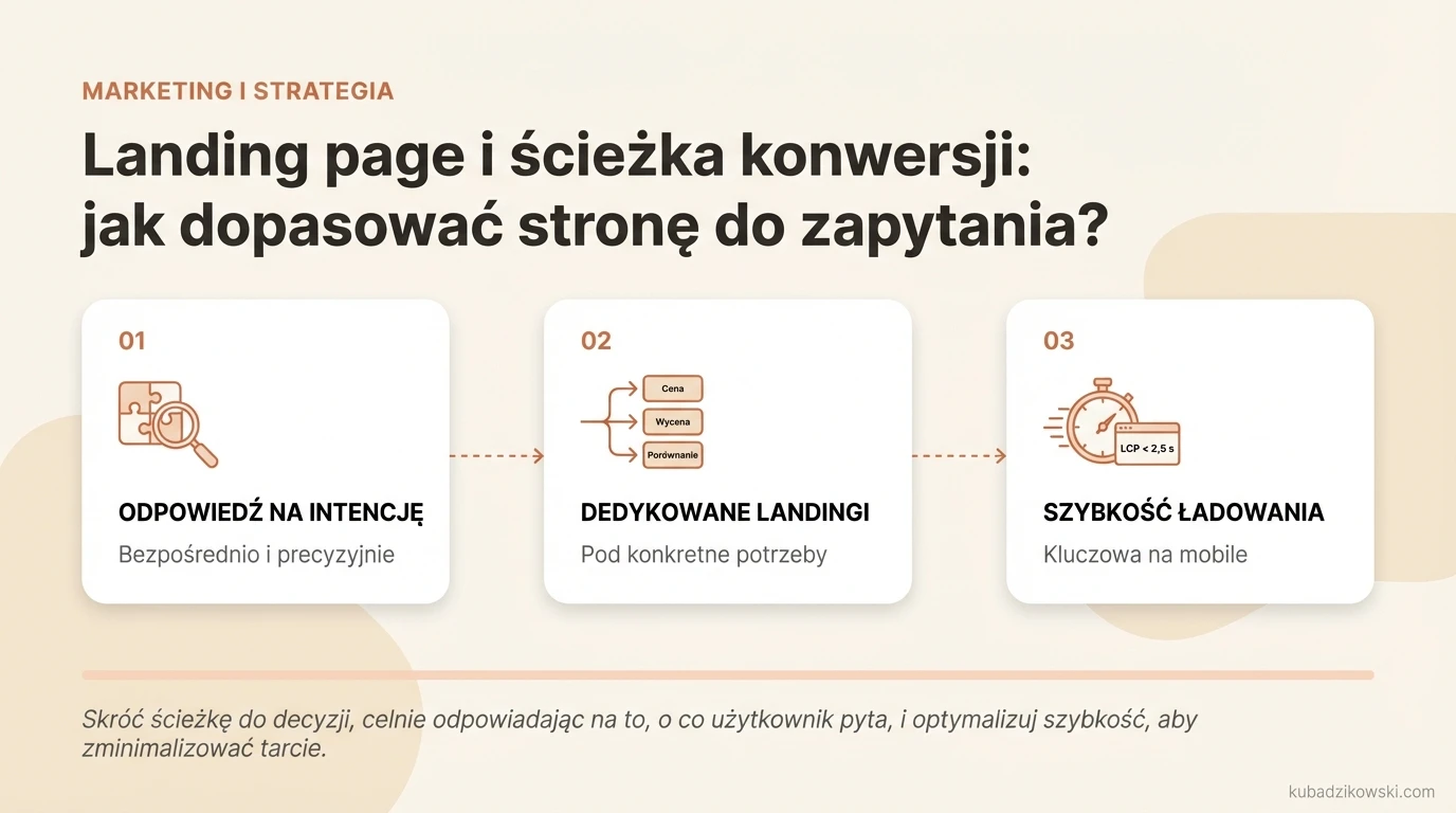 Infografika: Jak dopasować landing page do intencji użytkownika, skracając ścieżkę konwersji i czas do decyzji.