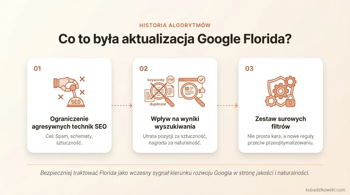 Infografika o aktualizacji Google Florida (2003): zwalczała agresywne SEO, wpłynęła na wyniki komercyjne i powtarzanie fraz.