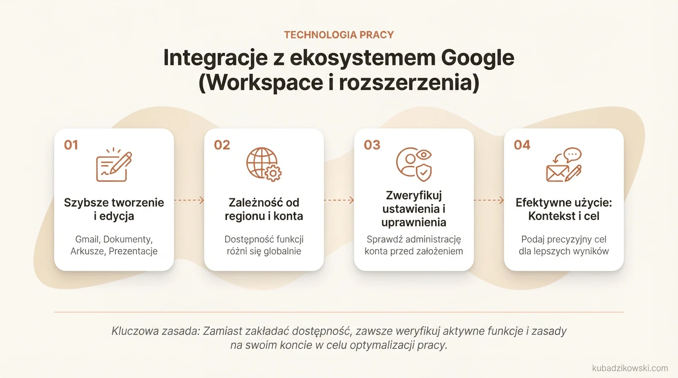 Infografika: Integracje Gemini z Google Workspace (Gmail, Dokumenty, Arkusze, Prezentacje).