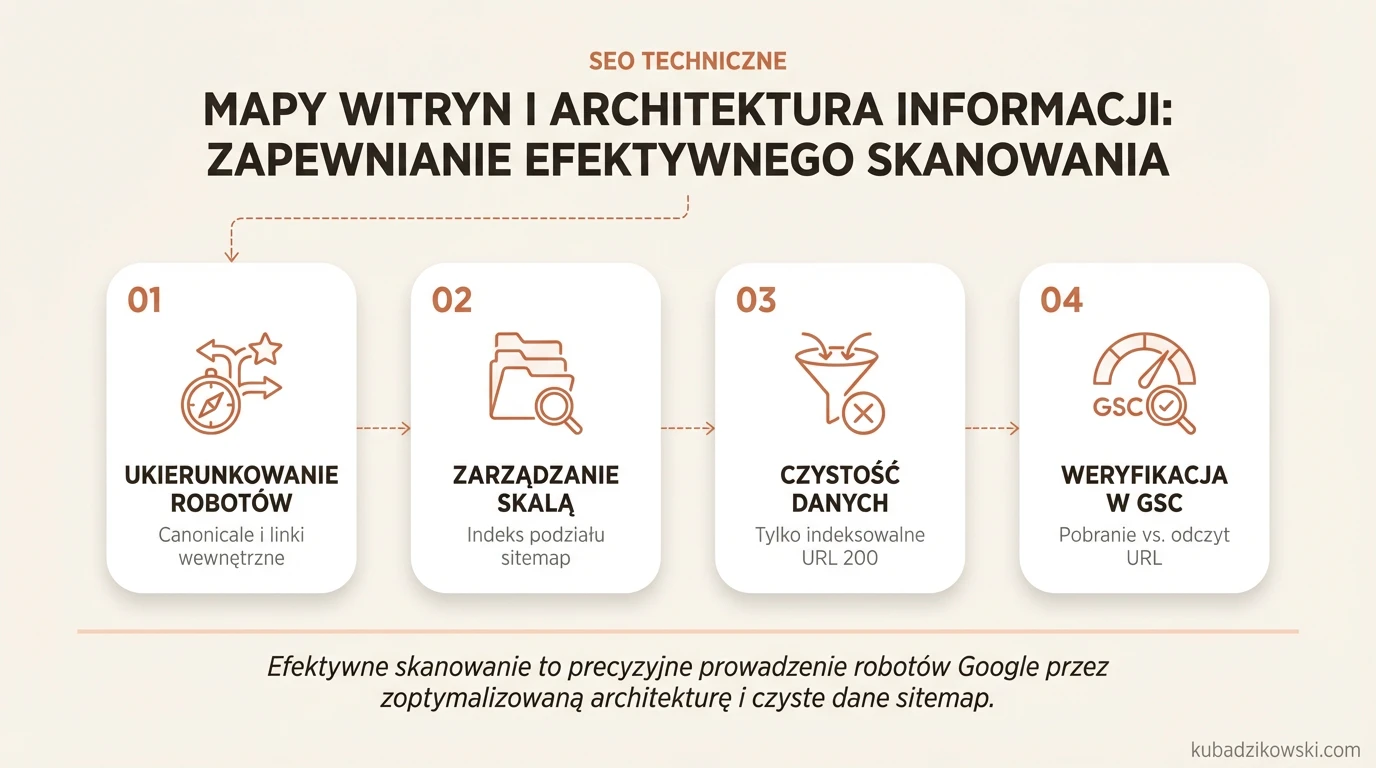 Infografika: mapa witryny i architektura informacji dla efektywnego skanowania Google; adresy kanoniczne, linkowanie wewnętrzne.