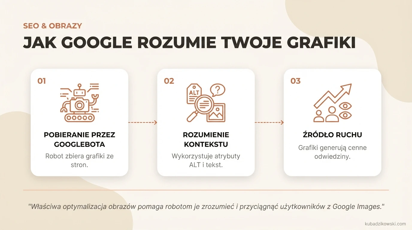 Infografika: Googlebot przetwarza obrazy z użyciem alt text i kontekstu strony, generując ruch.