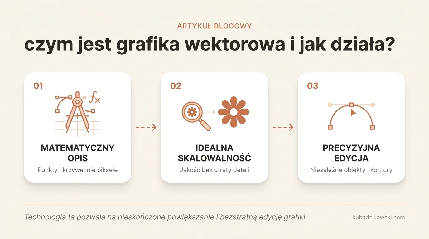Wizualizacja grafiki wektorowej: obiekty, matematyczna definicja, skalowanie bez utraty jakości.