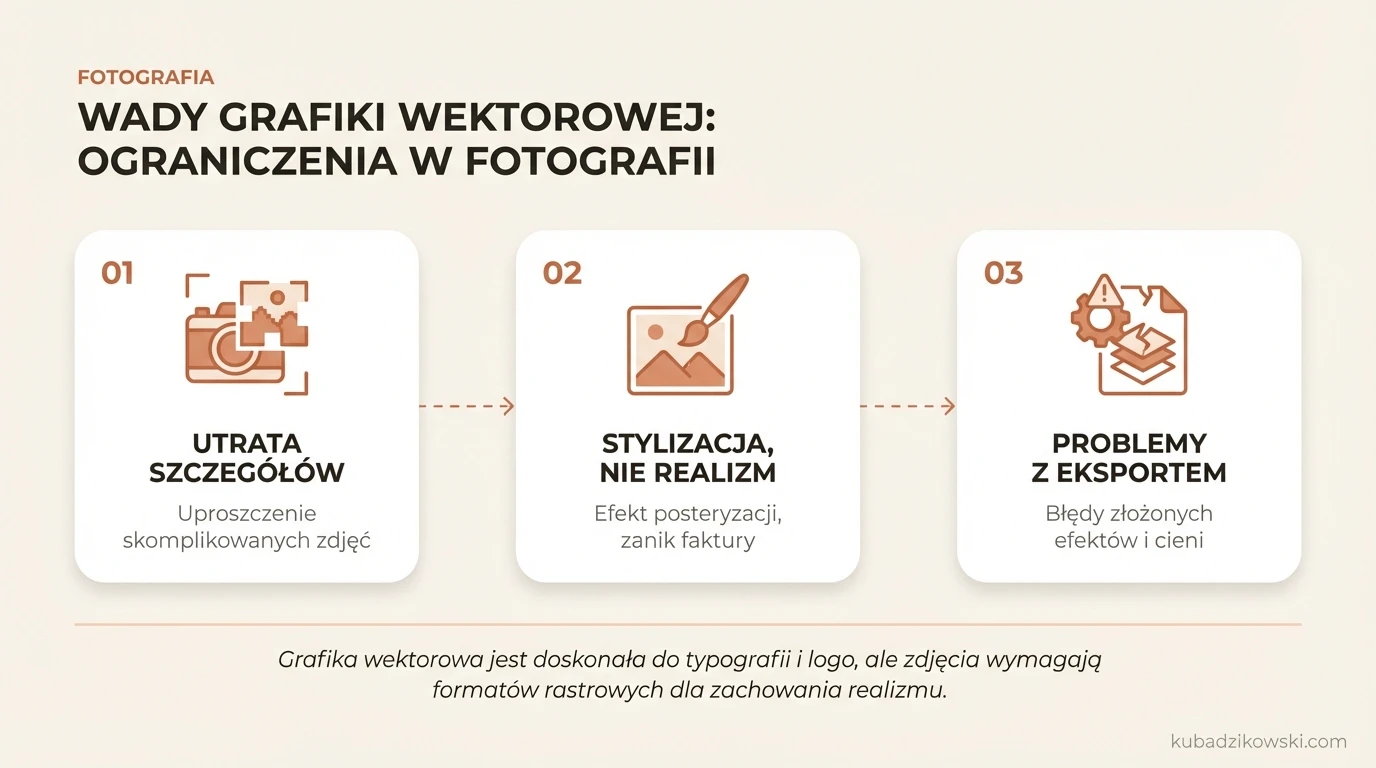Infografika: ograniczenia grafiki wektorowej w fotografii, m.in. niemożność oddania detali i uproszczenia.