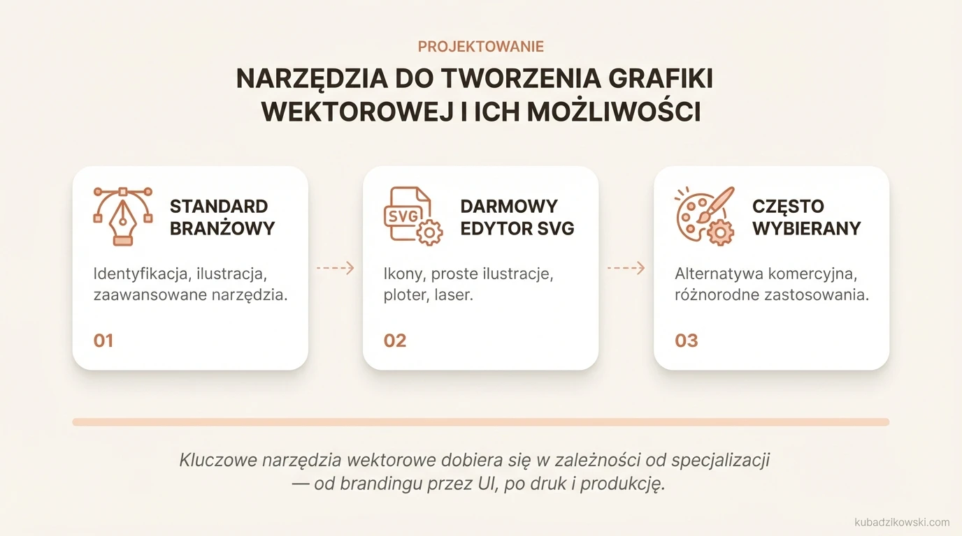 Infografika przedstawia narzędzia do grafiki wektorowej: Illustrator, Inkscape, CorelDRAW, Figma, Affinity Designer i ich zastosowania.