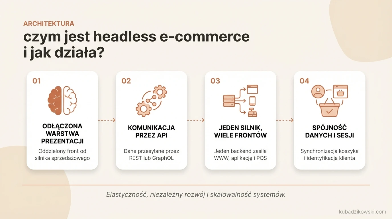 Infografika wyjaśnia, jak działa headless e-commerce, rozdzielając front-end od back-endu poprzez API.
