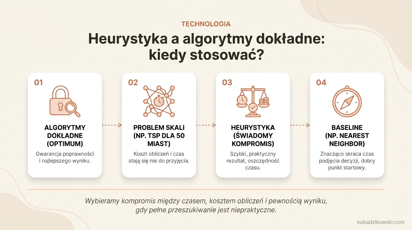 Porównanie heurystyk i algorytmów dokładnych: szybkość vs. precyzja, zastosowanie przy dużej skali danych.