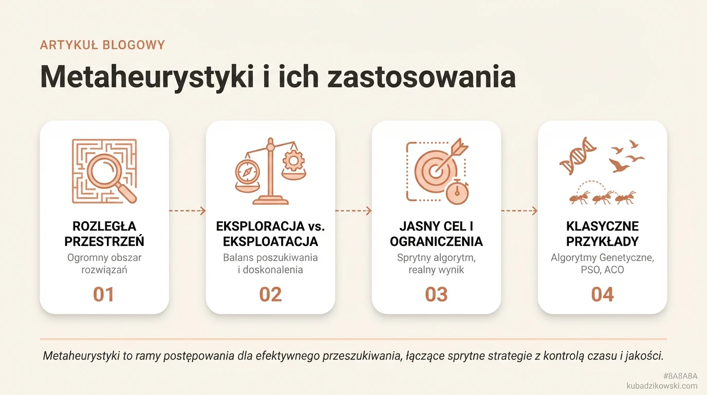 Infografika: Metaheurystyki – kiedy i dlaczego są użyteczne w przeszukiwaniu ogromnych przestrzeni rozwiązań.