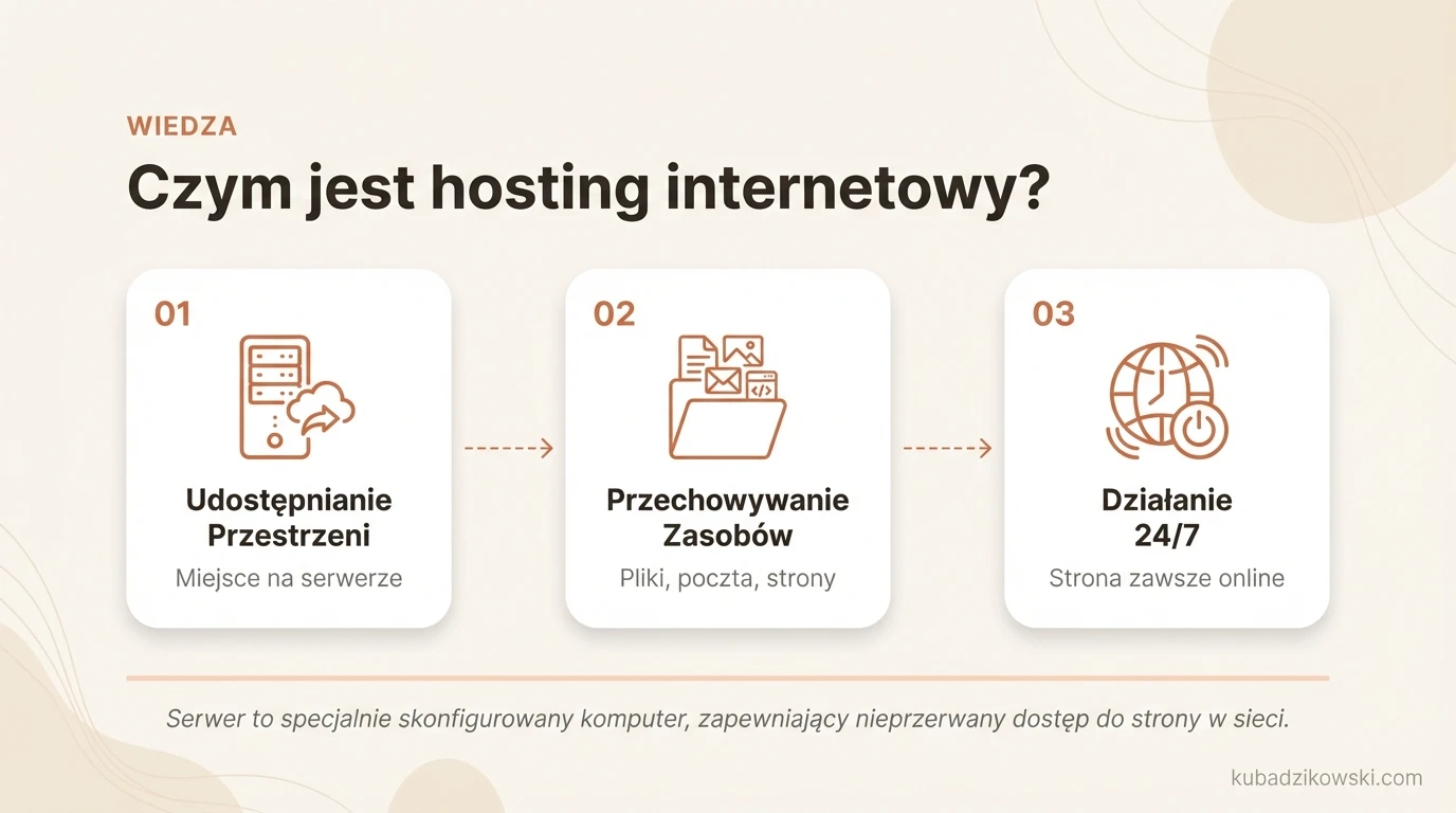 Wizualizacja usługi hostingu internetowego: udostępnianie miejsca na serwerze dla plików stron, multimediów i poczty.