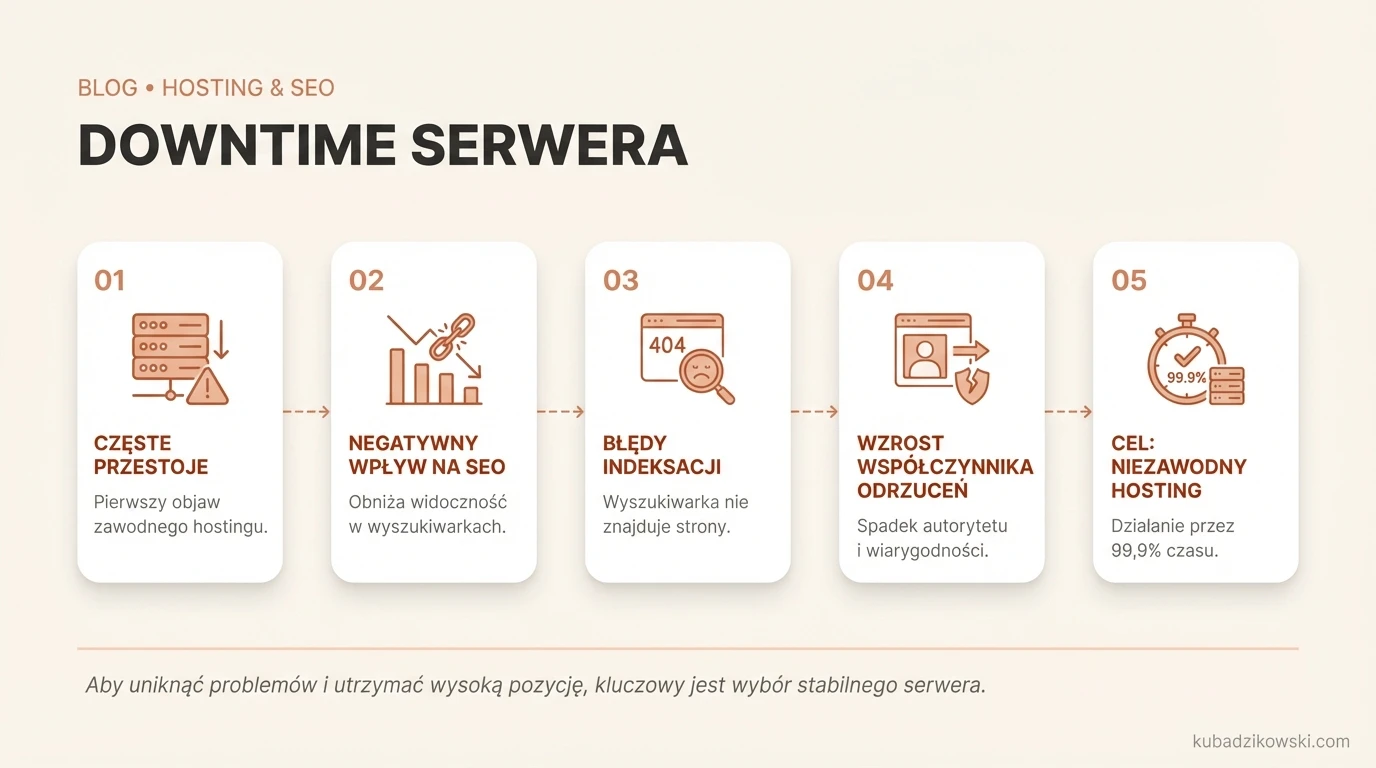 Infografika o przestojach serwera (downtime): objawy zawodnego hostingu i negatywny wpływ na stronę.