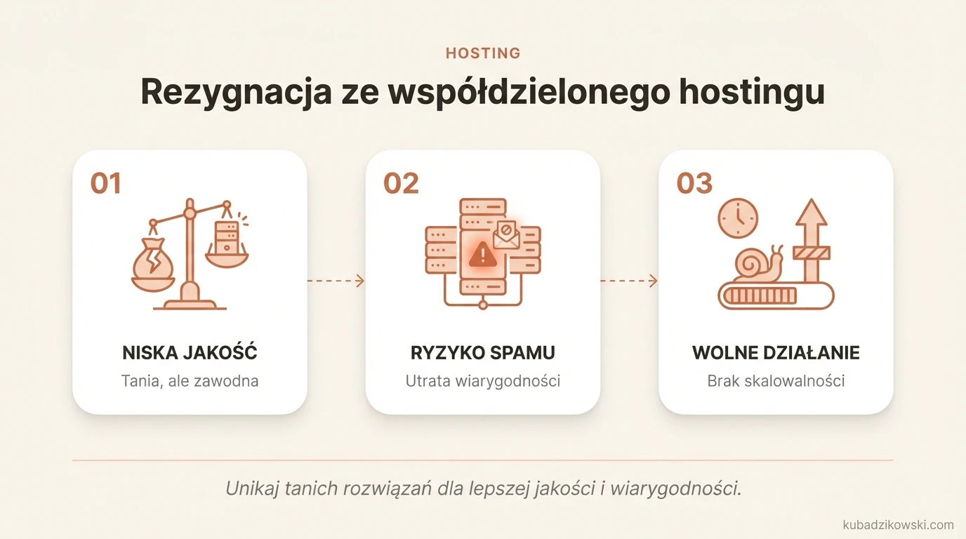 Wizualizacja wad współdzielonego hostingu: wiele stron na wspólnym serwerze obniża jakość i wydajność.