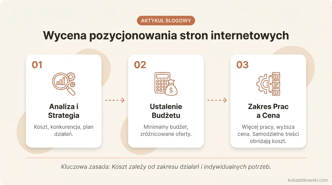 Czynniki wyceny pozycjonowania: koszty, analiza strony i konkurencji, strategia SEO.