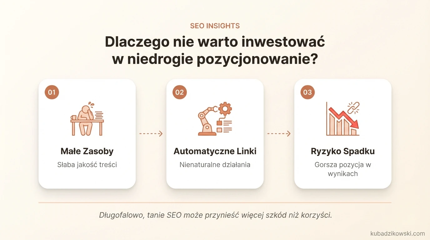 Infografika wyjaśnia, dlaczego tanie SEO (poniżej 1000 zł) jest nieefektywne z powodu małych zasobów agencji.