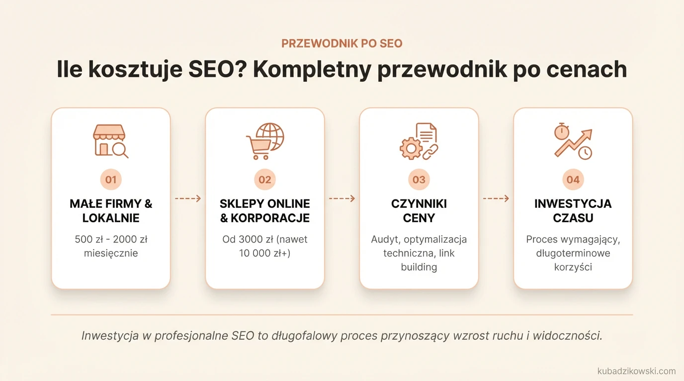 Infografika wyjaśniająca czynniki wpływające na koszty pozycjonowania stron internetowych w Polsce.