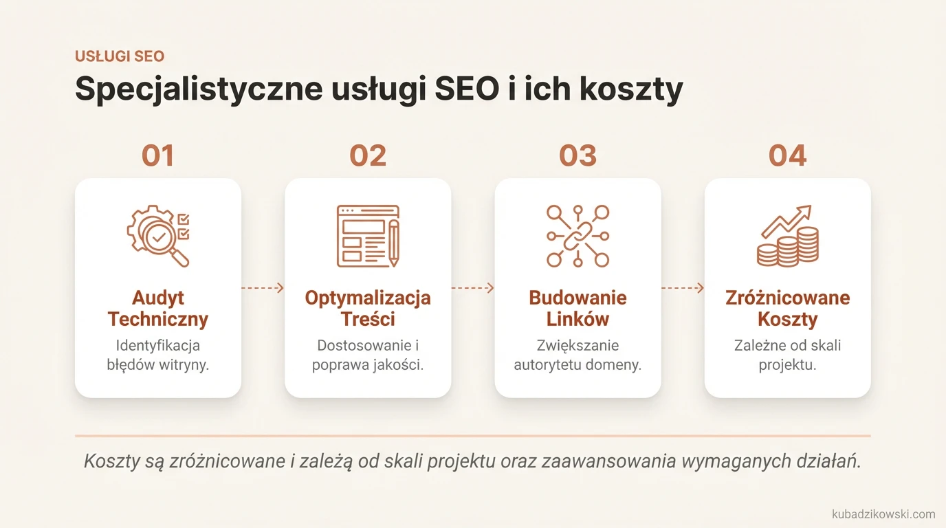 Infografika: Specjalistyczne usługi SEO, ich zakres (audyt, optymalizacja, link-building) i czynniki wpływające na koszty.