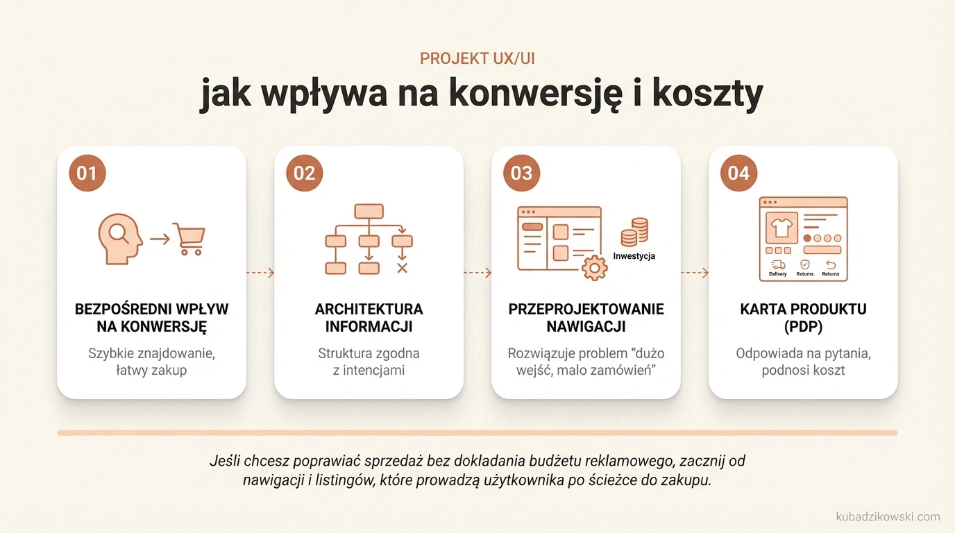 Infografika: Jak projekt UX/UI wpływa na konwersję i koszty, ułatwiając user experience i optymalizując proces zakupowy.