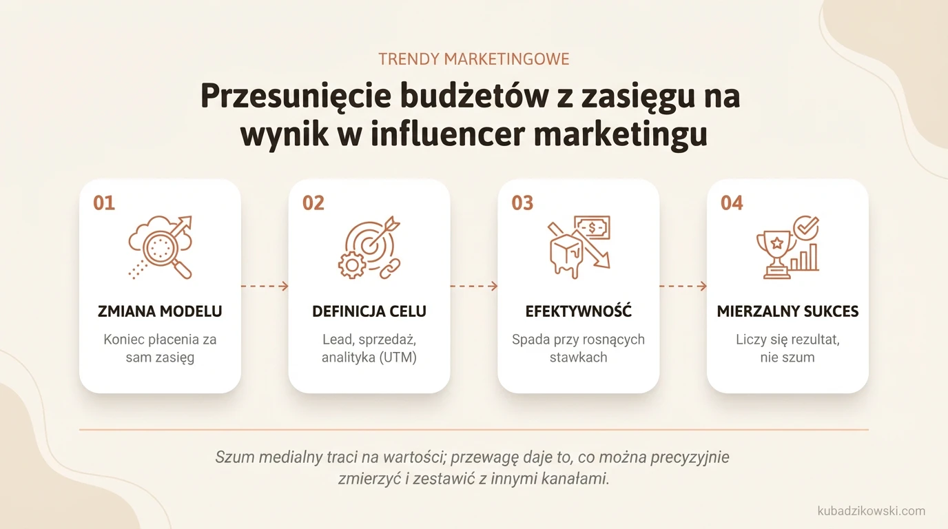 Zmiana priorytetu budżetów w influencer marketingu z zasięgu na mierzalne wyniki sprzedaży.