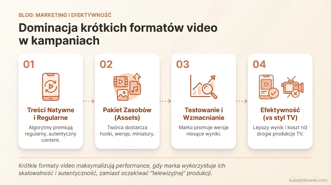 Infografika: zalety krótkich formatów wideo (Reels, TikTok, Shorts) w kampaniach performance marketingowych.