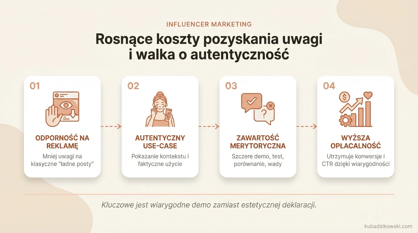 Infografika: influencer marketing, autentyczność vs. reklama. Rośnie odporność na reklamę, liczy się autentyczny use-case.