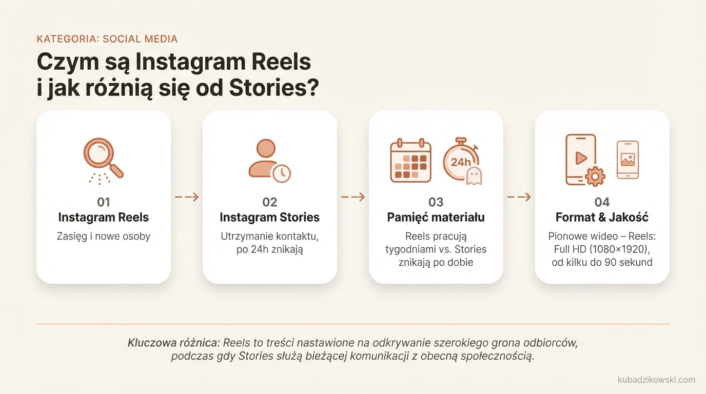 Infografika porównująca funkcje Instagram Reels i Stories: czas, zasięg, format.