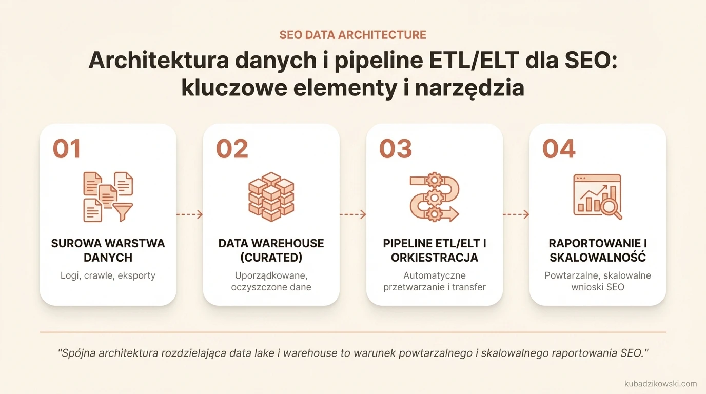 Infografika: Architektura danych i pipeline ETL/ELT dla SEO, z magazynem danych (BigQuery, Snowflake, Redshift, Postgres).