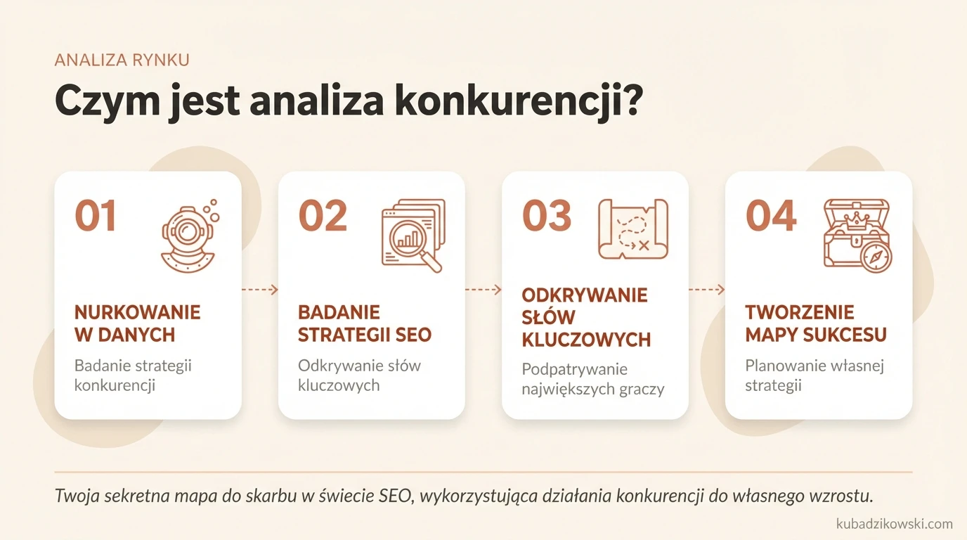 Infografika: analiza konkurencji SEO. Wizualizuje odkrywanie strategii i słów kluczowych konkurentów jak mapę skarbów.