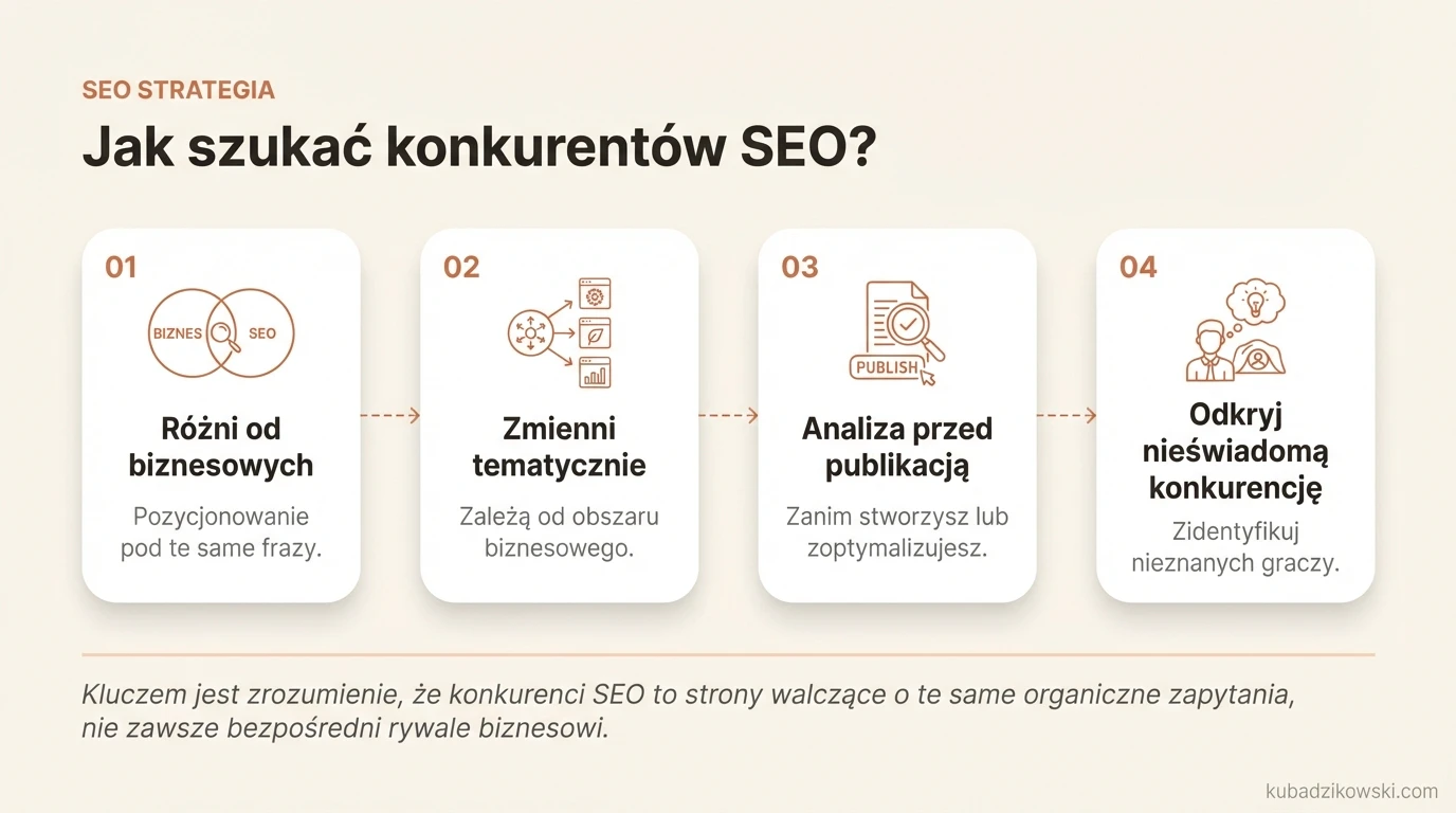 Infografika wyjaśnia pojęcie konkurencji SEO: strony walczące o pozycje w wyszukiwarkach na te same zapytania, nie tylko rywale biznesowi.