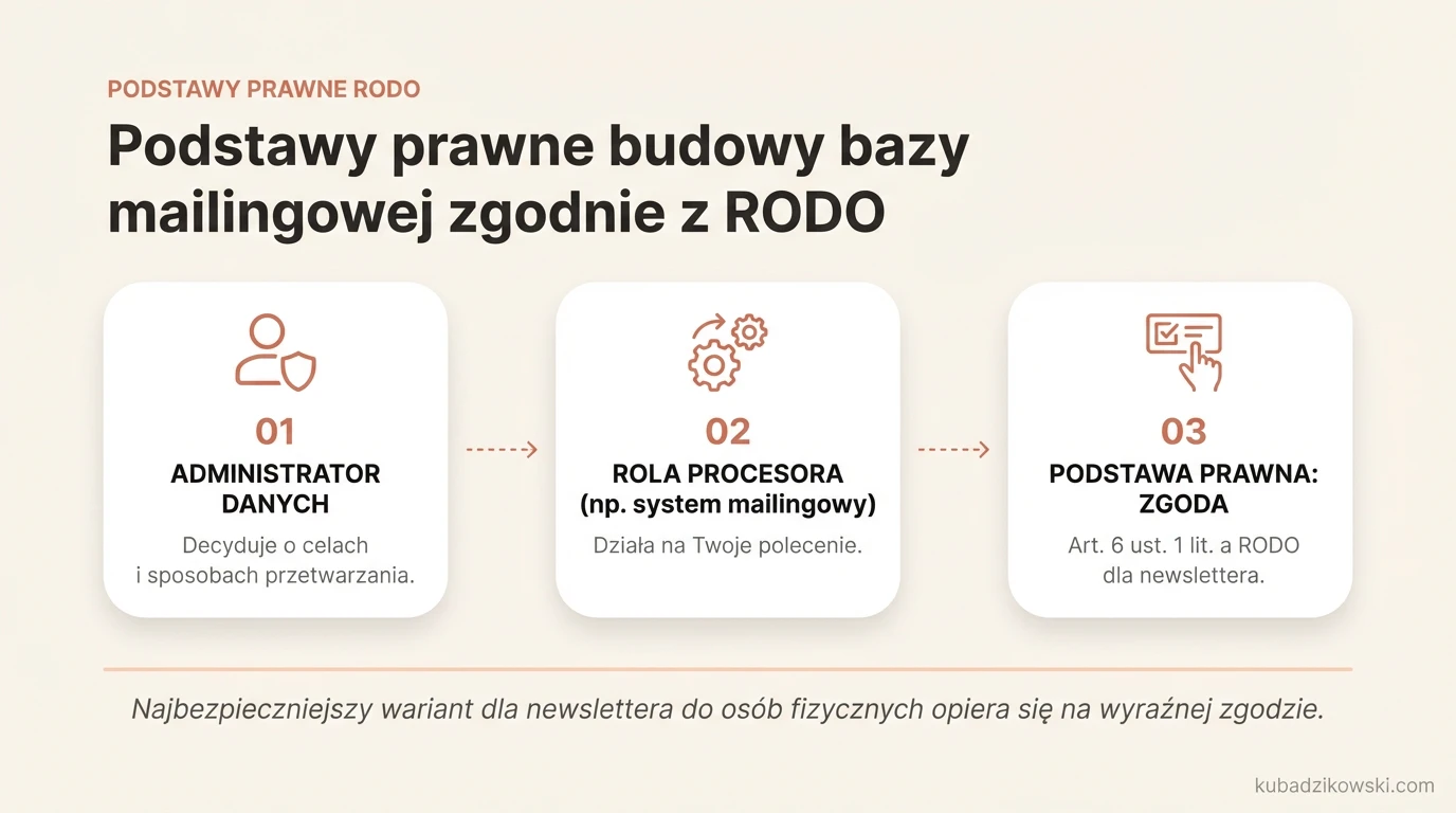 Infografika: Podstawy prawne RODO dla baz mailingowych. Administrator danych, cele i sposób przetwarzania e-maili.