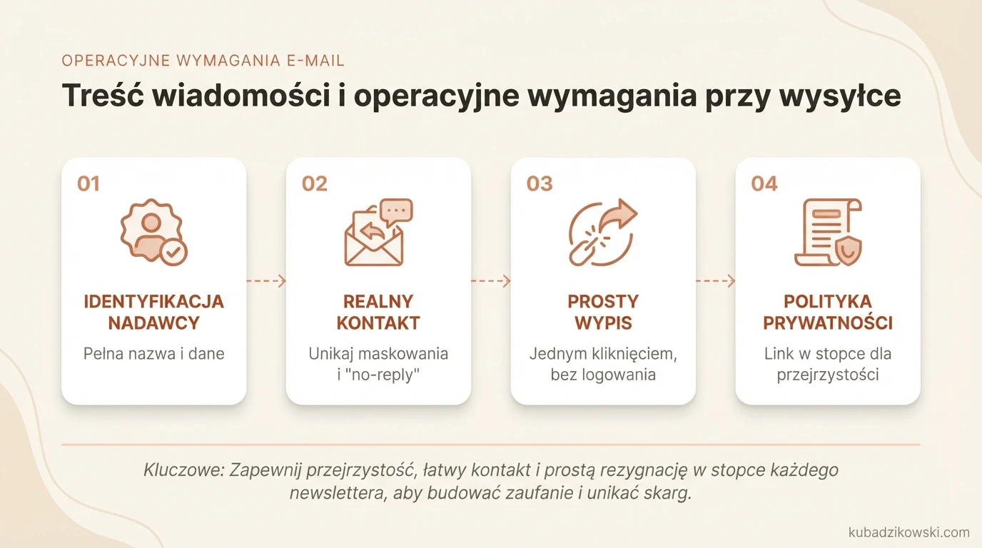 Infografika: RODO w newsletterach, wymogi marketingowe: dane nadawcy, rezygnacja, pełna stopka firmowa, kontakt.