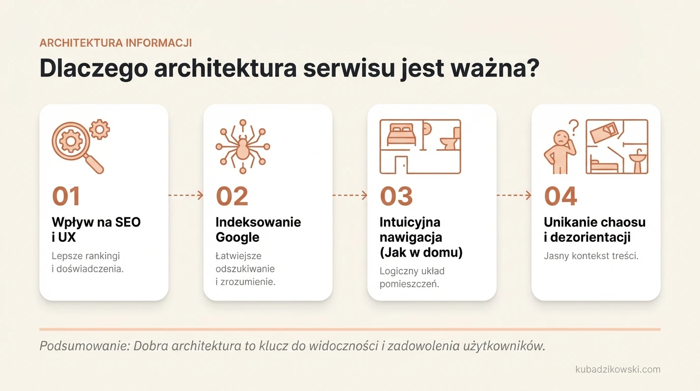 Infografika wizualizuje korzyści dobrej architektury serwisu dla SEO i doświadczeń użytkowników.