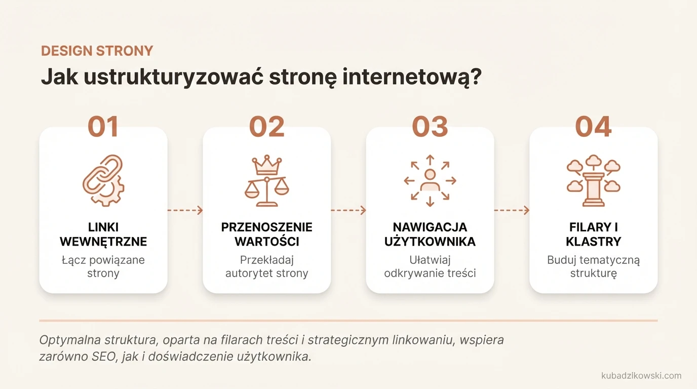 Sześć porad na temat struktury i linkowania wewnętrznego stron internetowych, przedstawiających powiązania między treściami.