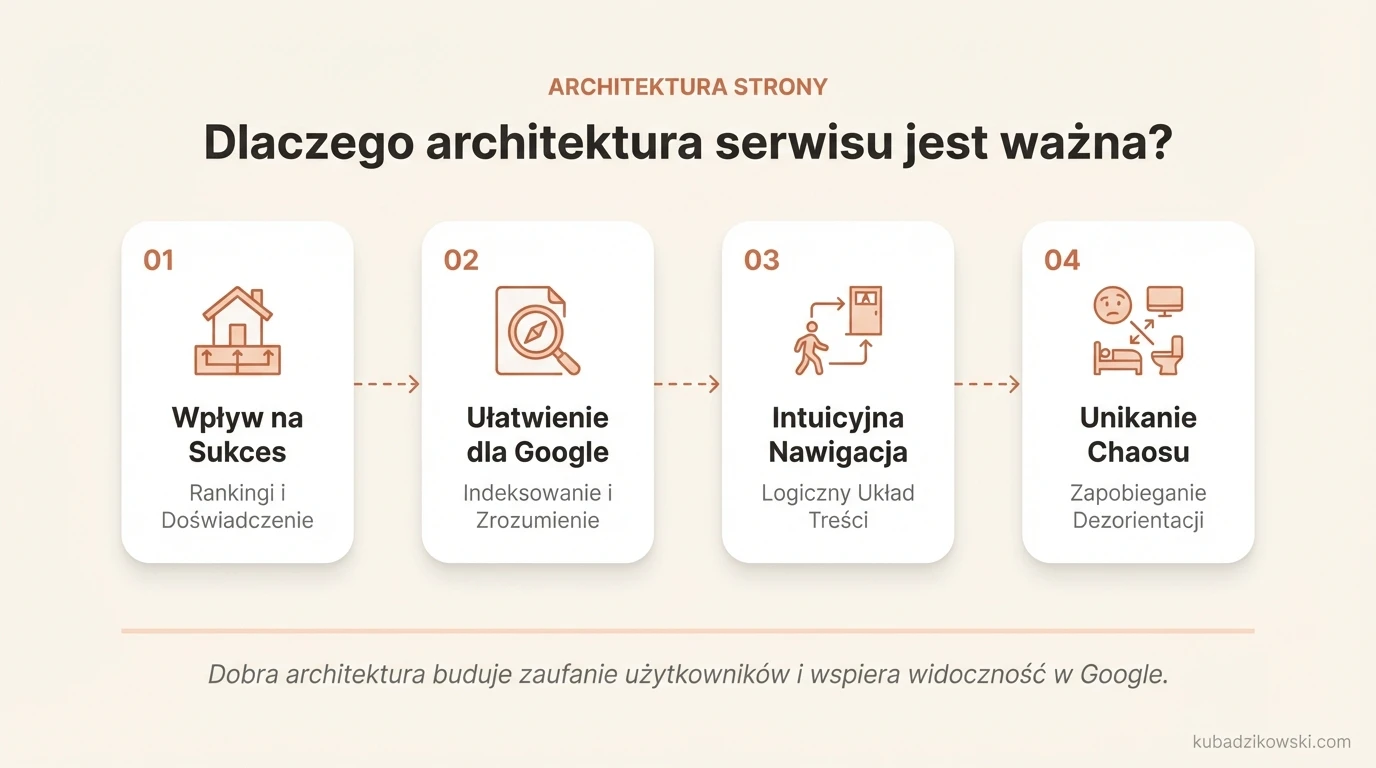 Infografika: wpływ architektury serwisu na SEO, ranking Google i doświadczenia użytkowników.