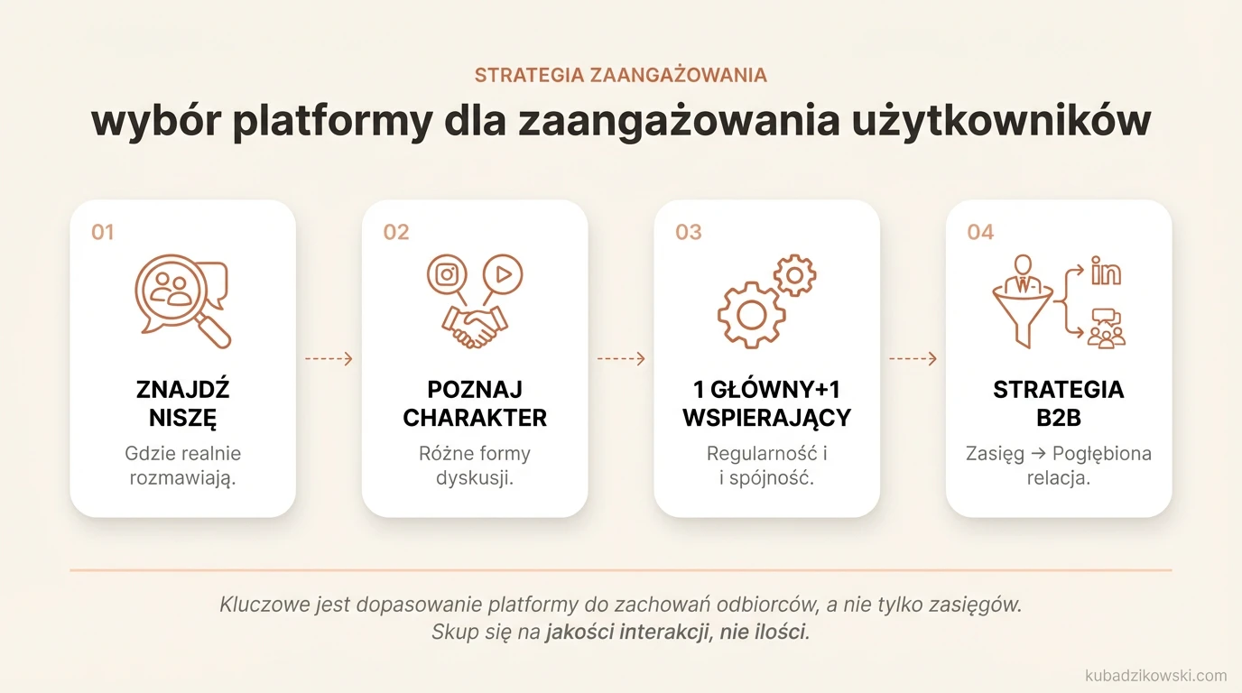 Infografika: Wybór platformy do angażowania użytkowników, dopasowany do specyfiki kanałów komunikacji (IG, TikTok, LinkedIn, FB).