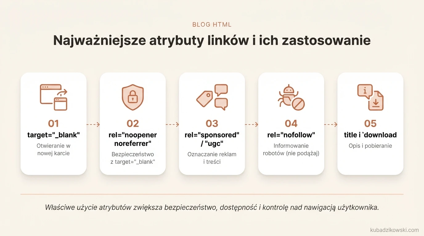 Wizualizacja atrybutów linków HTML: target, rel, title, download i ich użycie, np. target="_blank" dla nowej karty.