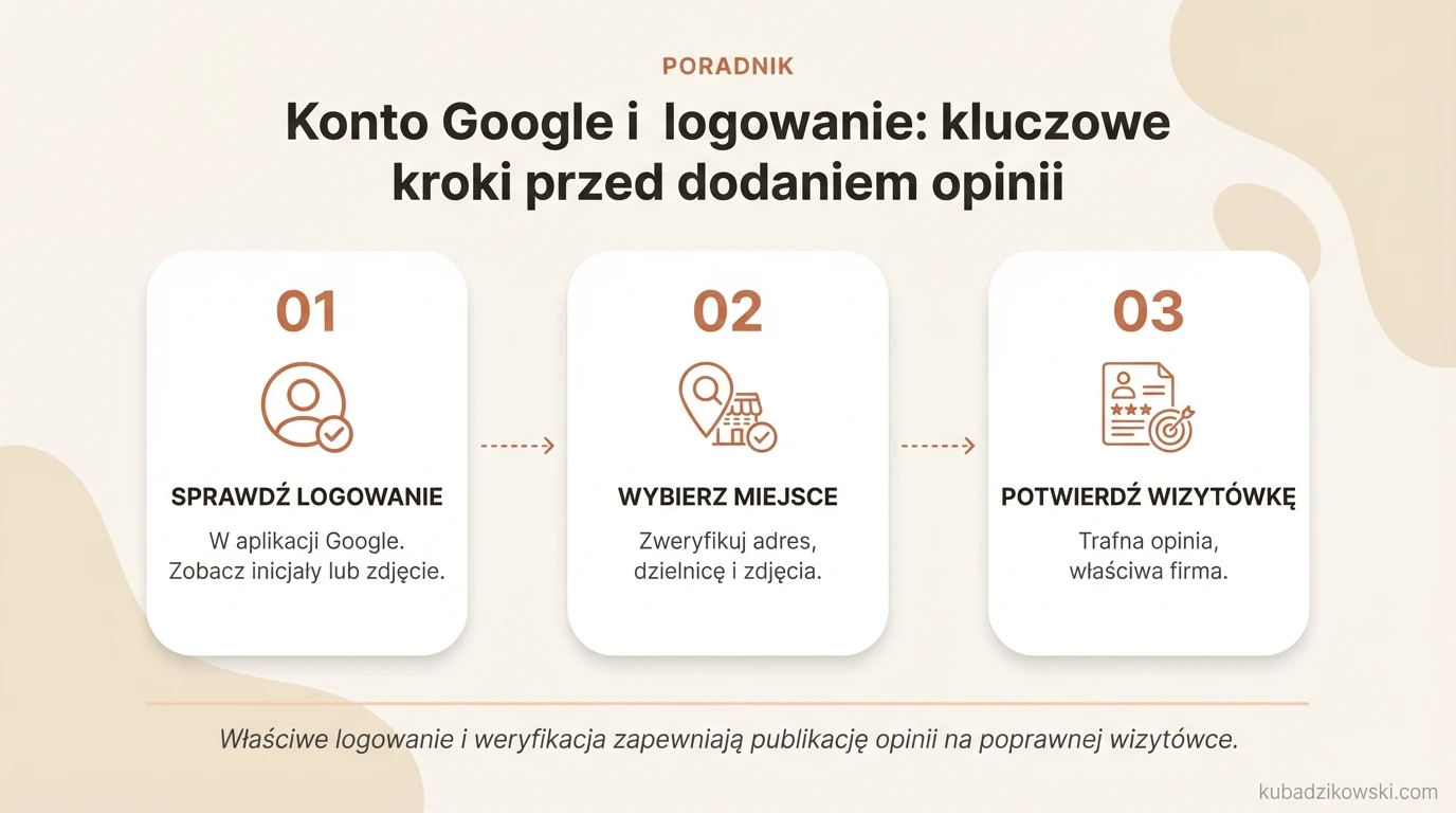 Wizualizacja kroków weryfikacji konta Google (Gmail) w aplikacji lub Google Maps, niezbędnych przed dodaniem opinii.