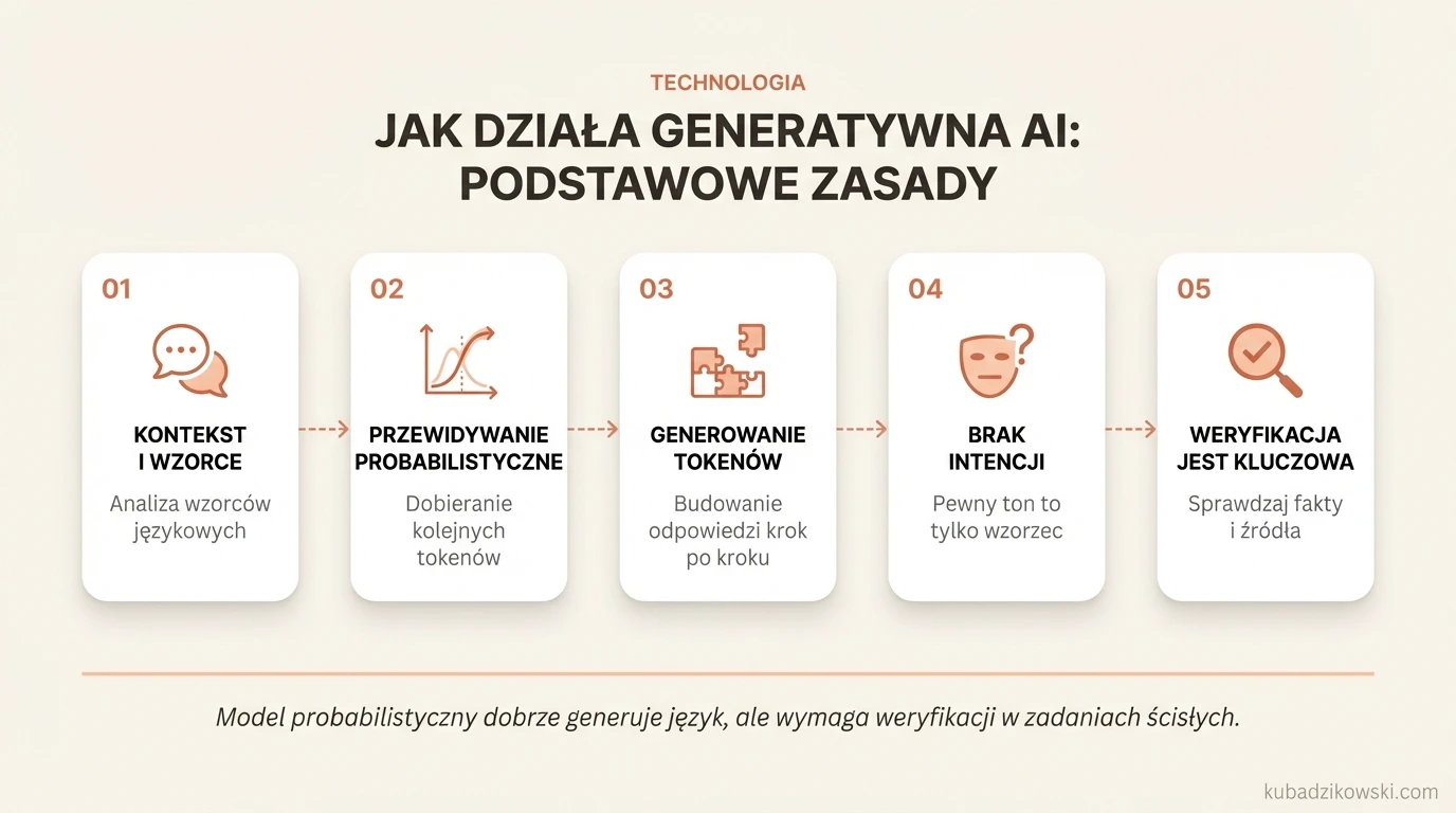 Infografika: generatywna AI tworzy odpowiedzi dobierając kolejne słowa na podstawie kontekstu i prawdopodobieństwa.