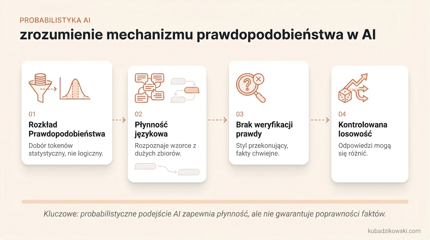 Infografika ilustrująca jak generatywna AI dobiera kolejne tokeny języka, bazując na rozkładzie prawdopodobieństwa.